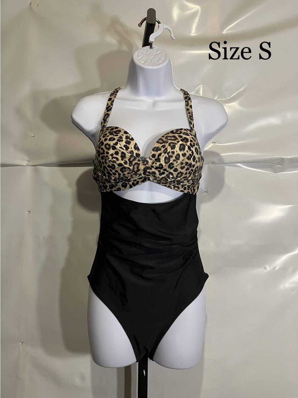 Leopard Print & Black One-Piece Swimsuit - Size S